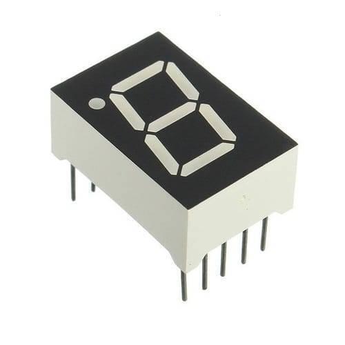 Ca 1 Digit 7 Segment 0.7 Inch LED Common Anode Display - a single-digit white LED display module with a black face and ten metal pins underneath.
