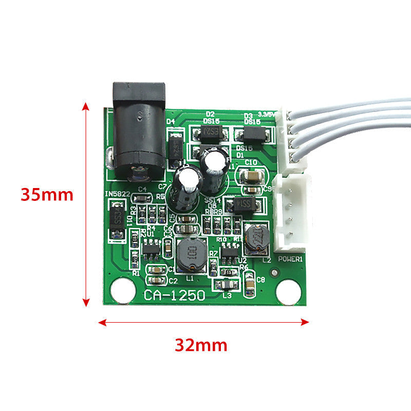 Ca-1250 Satellite Receiver Top Box Power Module Switching Power Supply Board 3.3V 5V 15V 20V Buy - a green rectangular circuit board with a DC power jack, two white connectors, capacitors, inductors, and red dimension labels.