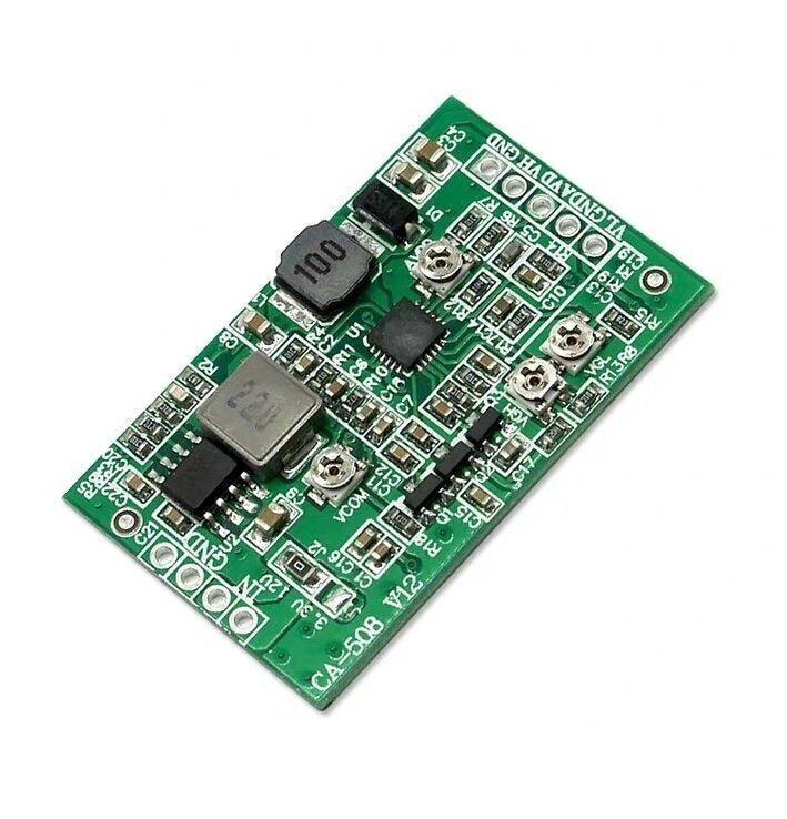 Ca-508 Boost Board Module LCD Tcon Board Vgl Vgh Vcom Avdd 4 Channel Adjustable Step Up Module - a green rectangular circuit board featuring a 100-labeled inductor, three adjustable potentiometers, and input/output pins.