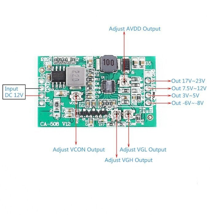 Ca-508 Boost Board Module LCD Tcon Board Vgl Vgh Vcom Avdd 4 Channel Adjustable Step Up Module - a green rectangular circuit board with four adjustable potentiometers, input pins, and output pads labeled with voltage ranges.