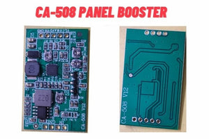 Ca-508 Boost Board Module LCD Tcon Board Vgl Vgh Vcom Avdd 4 Channel Adjustable Step Up Module - CA-508 Panel Booster shows the front and back of a green rectangular circuit board with electronic components, potentiometers, and connection pins.