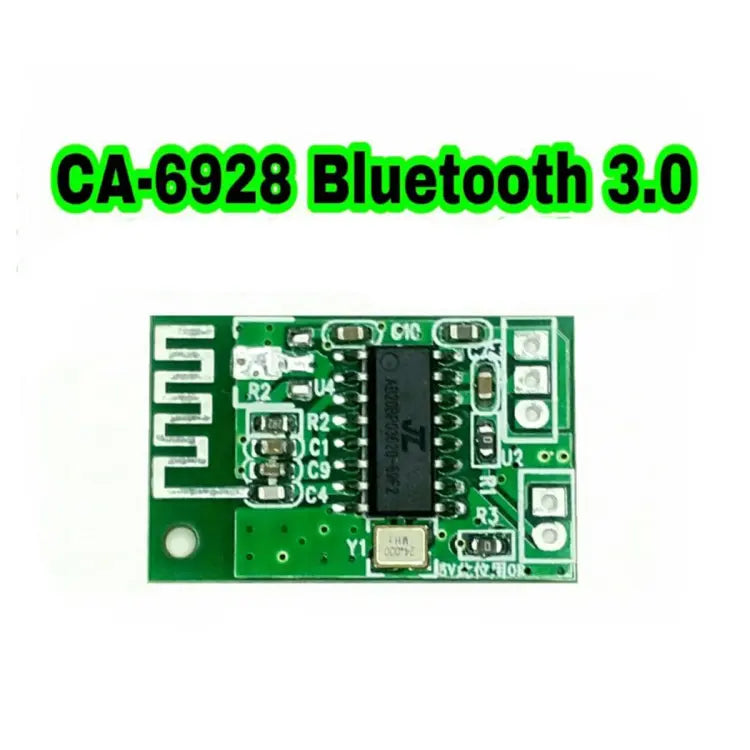 Ca-6928 Bluetooth Stereo Audio Receiver Module Ca-6928 Bluetooth Stereo Audio Module For Mini Amplifier Board 3.5V~5V - a small green rectangular circuit board with a central black chip, a crystal oscillator, and an antenna.