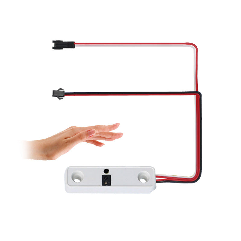 Cabinet and bathroom vanity unit with hand-swipe switch screw installation 12V gesture sensor moisture-proof probe. - a white rectangular sensor module with two screw holes, two wires with connectors, and a hand.