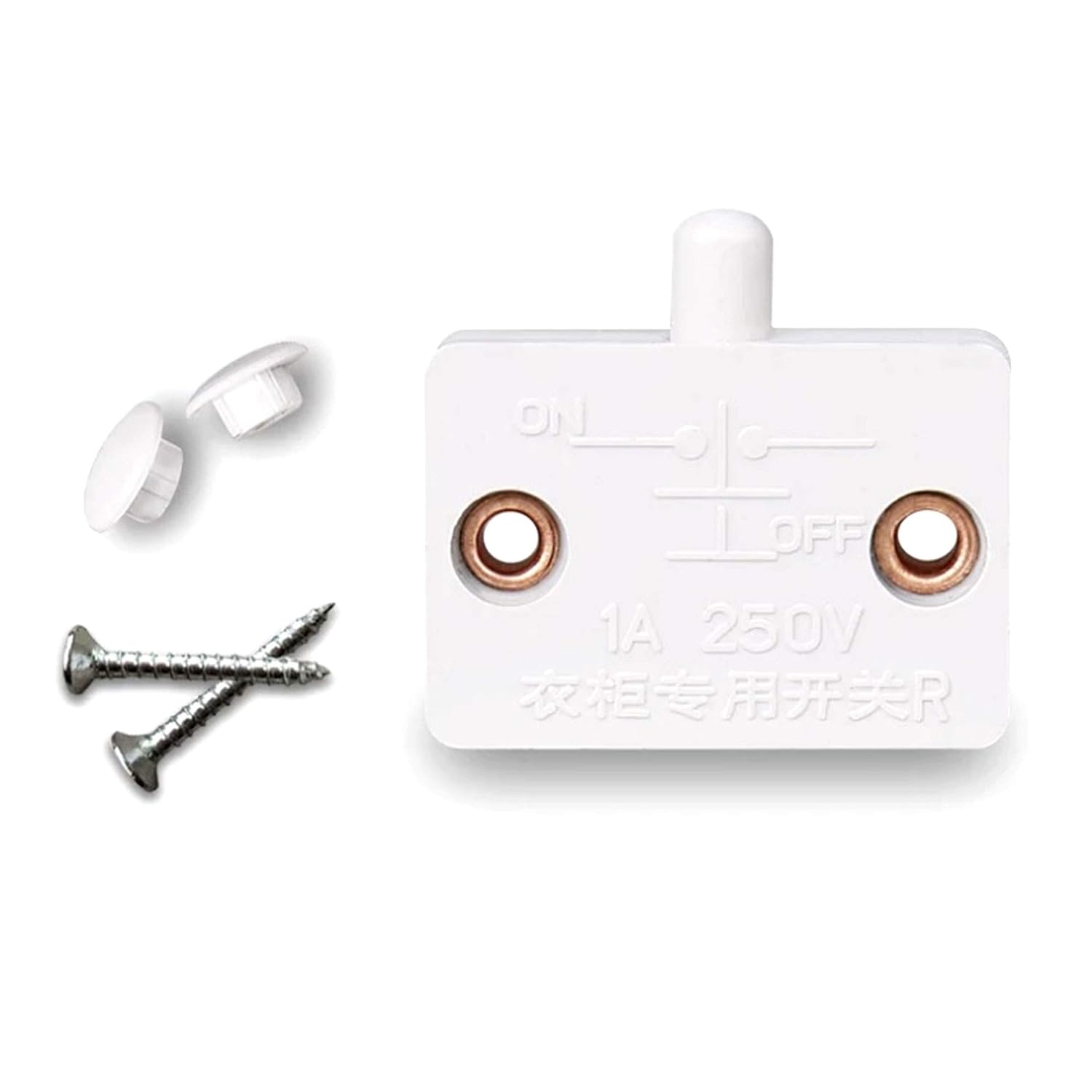 Cabinet Door Switch 12V/24V/230V White Pressure Switch (kitchen Cabinet Light Control) - with two screw holes, two small white plastic caps, and two silver screws.