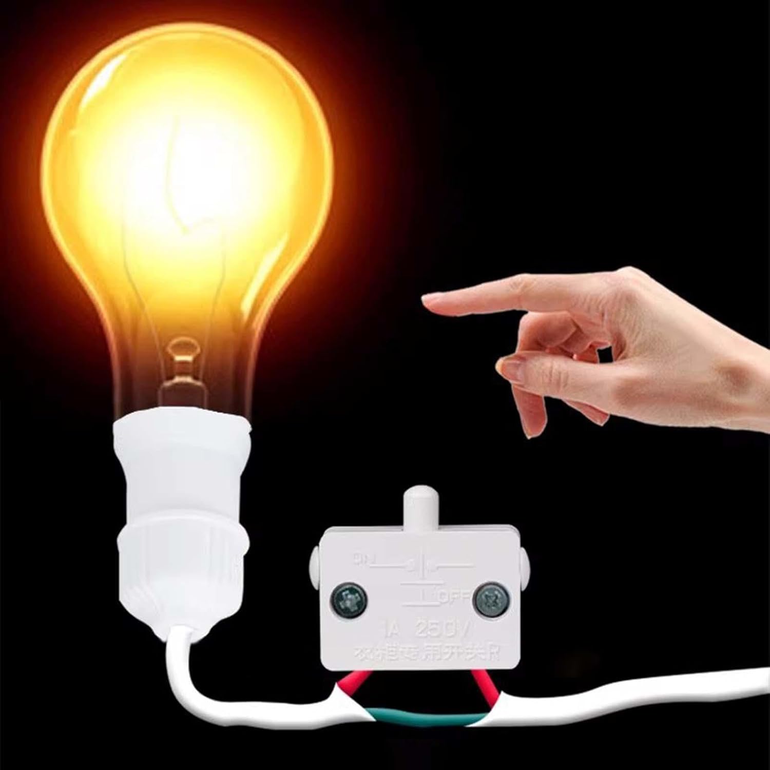 Cabinet Door Switch 12V/24V/230V White Pressure Switch (kitchen Cabinet Light Control) - shown connected to a glowing light bulb with a hand pointing toward the switch button.