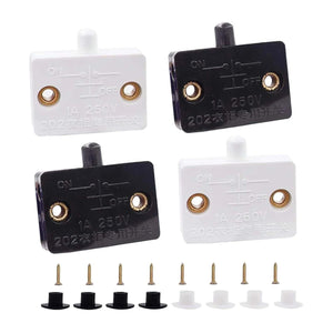Cabinet Door Switch 12V/24V/230V White Pressure Switch (kitchen Cabinet Light Control) - four pressure switches in black and white with mounting screws and plastic caps arranged below them on a white background.