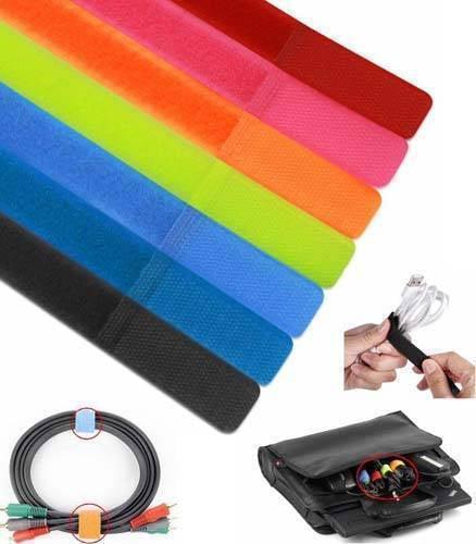 Cable Ties Tidies Tidy, Fastening Hook - shown as a set of multi-coloured fabric strips, with insets showing their use for bundling cables and organizing bags.