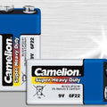 Camelion 9V Battery Super Heavy Duty - shown as two rectangular blue and white batteries with top-mounted terminals against a metallic background.