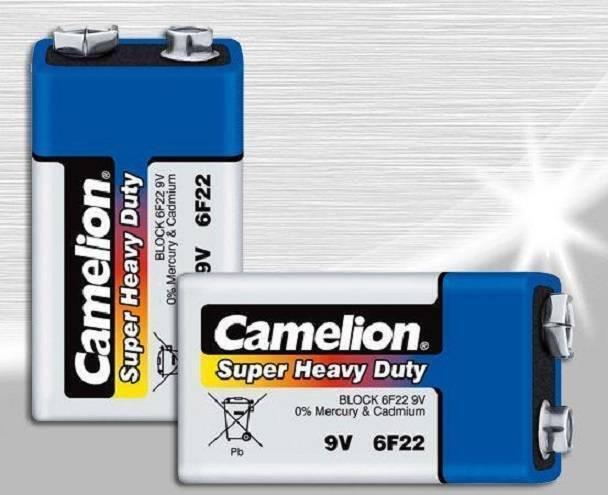 Camelion 9V Battery Super Heavy Duty - shown as two rectangular blue and white batteries with top-mounted terminals against a metallic background.
