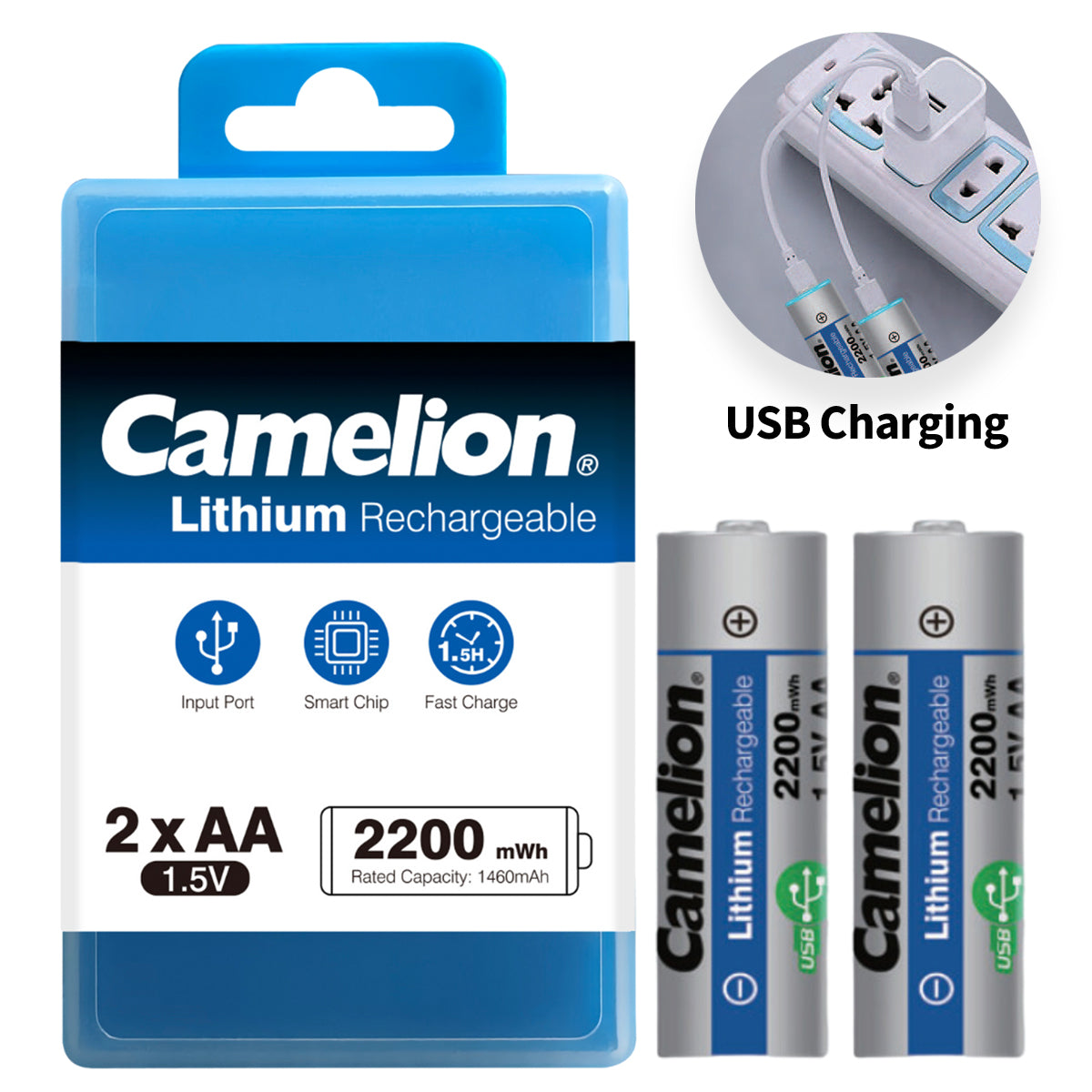 Camelion USB C Rechargeable Lithium Batteries AA – 1.5V – 2200MWH - two silver batteries, their blue plastic storage case, and an inset image of USB charging.