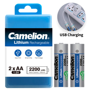 Camelion USB C Rechargeable Lithium Batteries AA – 1.5V – 2200MWH - two silver batteries, their blue plastic storage case, and an inset image of USB charging.
