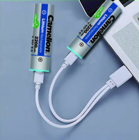 Camelion USB C Rechargeable Lithium Batteries AA – 1.5V – 2200MWH - shown with two silver batteries connected to a laptop via white USB charging cables.