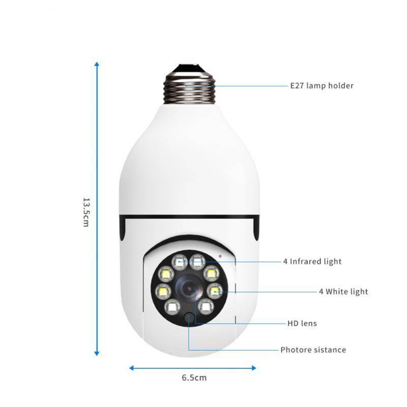 Camera V380 Pro E27 360 Degree LED Light 720P Wireless Panoramic Home Security Bulb Lamp Ip Camera - shown as a white diagram with dimensions, labels for the lamp holder, lens, lights, and photoresistor.