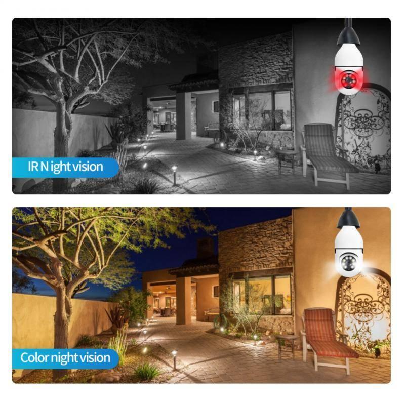 Camera V380 Pro E27 360 Degree LED Light 720P Wireless Panoramic Home Security Bulb Lamp Ip Camera - shown in two side-by-side comparisons demonstrating IR night vision and color night vision modes.