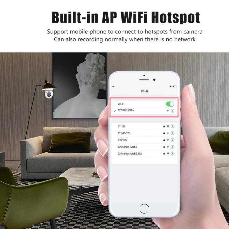 Camera V380 Pro E27 360 Degree LED Light 720P Wireless Panoramic Home Security Bulb Lamp Ip Camera - shown being connected to a smartphone's Wi-Fi settings menu displaying the network MV18913669.