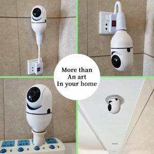 Camera V380 Pro E27 360 Degree LED Light 720P Wireless Panoramic Home Security Bulb Lamp Ip Camera - shown in four different mounting configurations, including wall socket, power strip, and ceiling.
