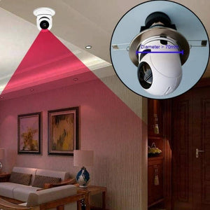 Camera V380 Pro E27 360 Degree LED Light 720P Wireless Panoramic Home Security Bulb Lamp Ip Camera - shown installed in a ceiling with a close-up inset.