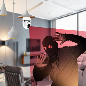 Camera V380 Pro E27 360 Degree LED Light 720P Wireless Panoramic Home Security Bulb Lamp Ip Camera - installed in a lamp socket detecting an intruder.