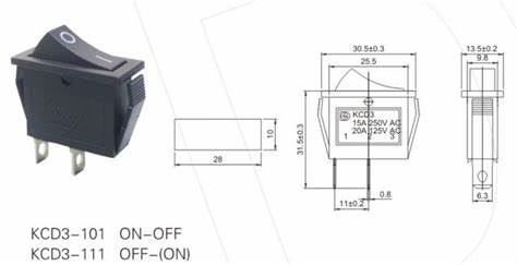 Canal Hb Series Rocker Power Switch 20 - shown as a black rocker switch with two metal terminals alongside its technical dimension and specification diagram.