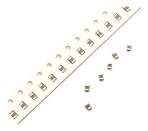 Capacitor 10uF SMD 0805 10uF 50V - shown as a collection of small, rectangular brown and silver surface-mount components alongside a white carrier tape strip.