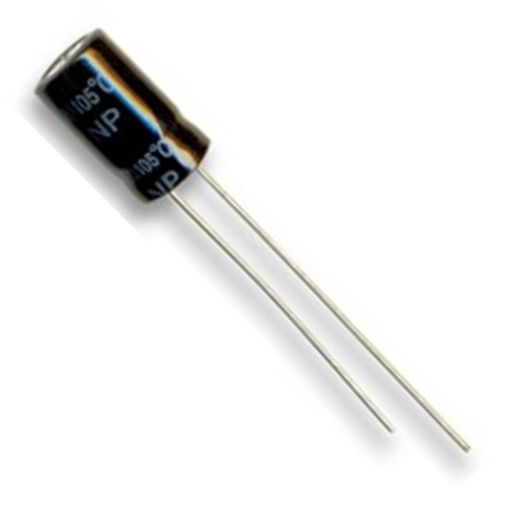 Capacitor 1uF 35V - a small black cylindrical electrolytic capacitor with two long metal wire leads and text printed on the side.