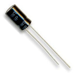 Capacitor 1uF 35V - a small black cylindrical electrolytic capacitor with two long metal wire leads and text printed on the side.