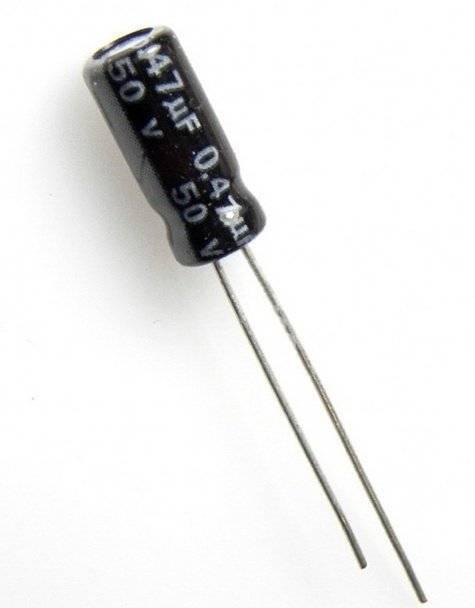 Capacitor 50V 0.47uF - a small black cylindrical electrolytic capacitor with two long metal wire leads extending from the bottom.