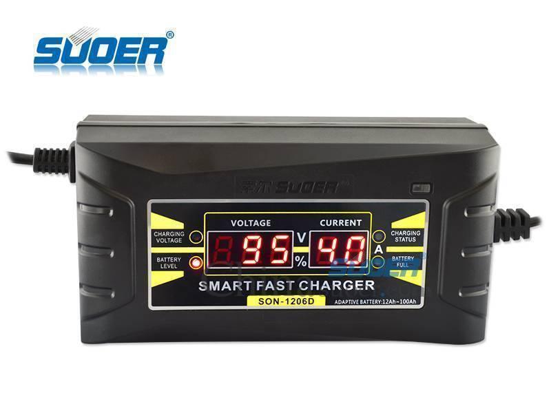 Car Charger Portable Car Battery Charger With Digital Display (SON-1206D) - a black rectangular device with a digital display showing 8.95V and 4.0A, plus indicator lights and power cords.
