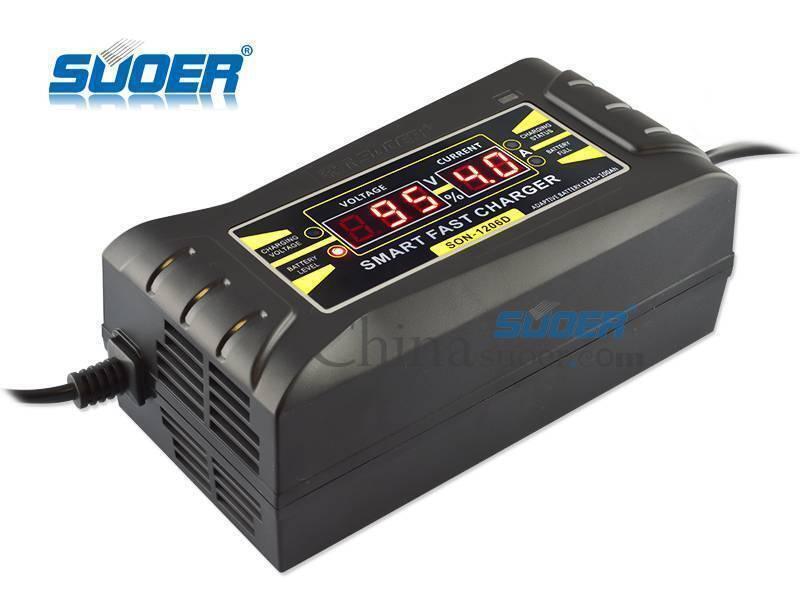 Car Charger Portable Car Battery Charger With Digital Display (SON-1206D) - a black, rectangular device with a digital display showing 95% and 4.0A, and a power cord.