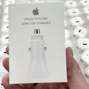 Car Charger USB-C 20W Fast Charger - shown in white retail packaging featuring an Apple logo and an illustration of a white car charger.