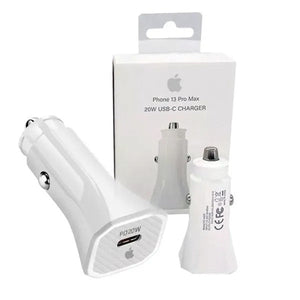 Car Charger USB-C 20W Fast Charger - two white car chargers, one with a visible USB-C port, displayed in front of its white retail packaging box.