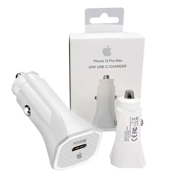 Car Charger USB-C 20W Fast Charger - two white car chargers, one with a visible USB-C port, displayed in front of its white retail packaging box.