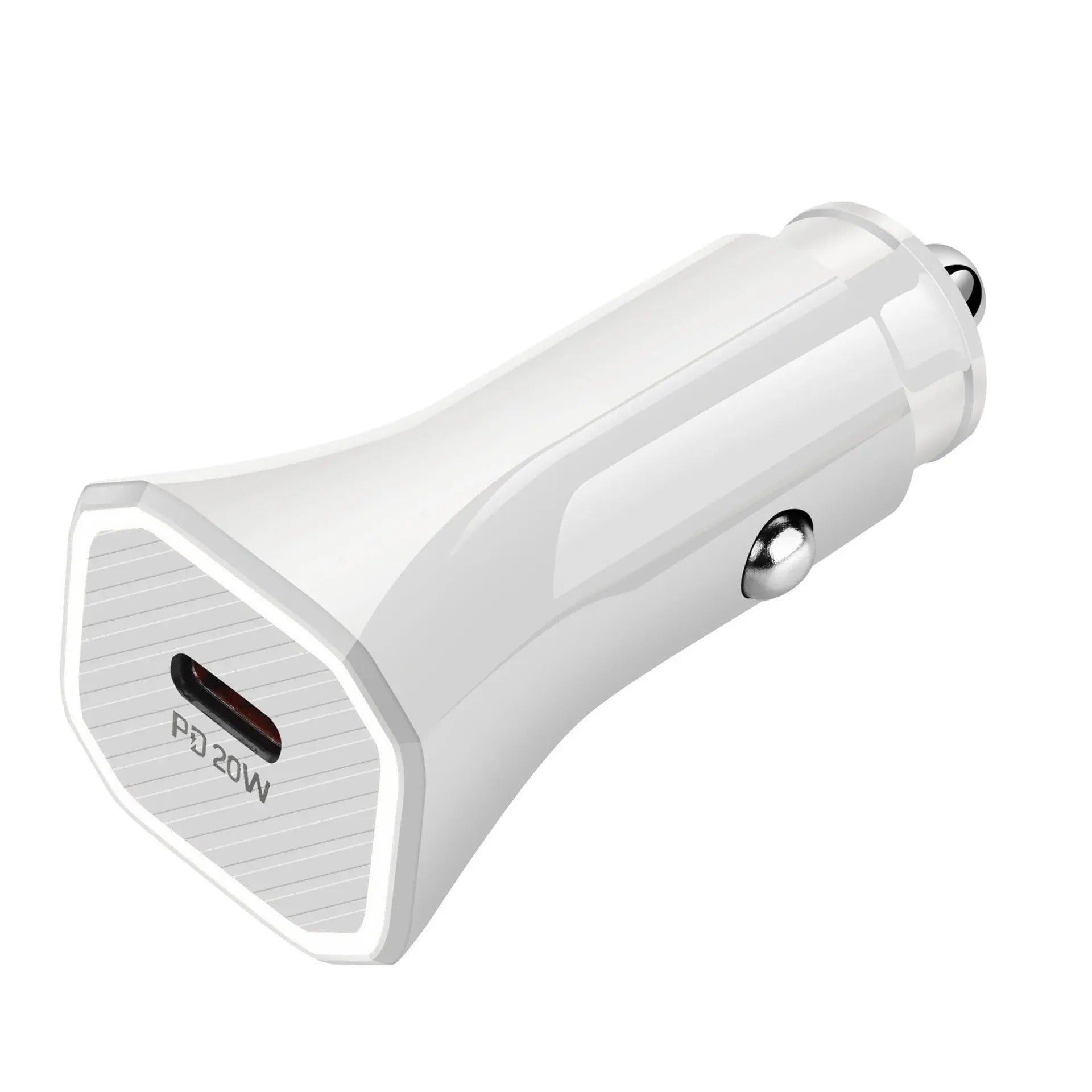 Car Charger USB-C 20W Fast Charger - a white, compact car adapter featuring a single USB-C port and the text "PD 20W" printed on its front face.