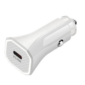Car Charger USB-C 20W Fast Charger - a white, compact car adapter featuring a single USB-C port and the text "PD 20W" printed on its front face.