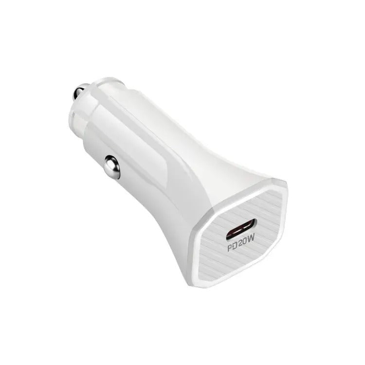 Car Charger USB-C 20W Fast Charger - a white car charger featuring one USB-C port labeled "PD 20W" on its front face.