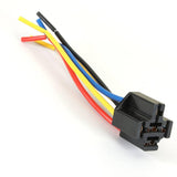 Car Motor Automotive Relay Connector Vehicle Relay Connector Pre Wired 4 Pin Relay Mounting Base Socket Holder - a black 4-pin relay socket with attached red, yellow, blue, and black wires, isolated on a white background.