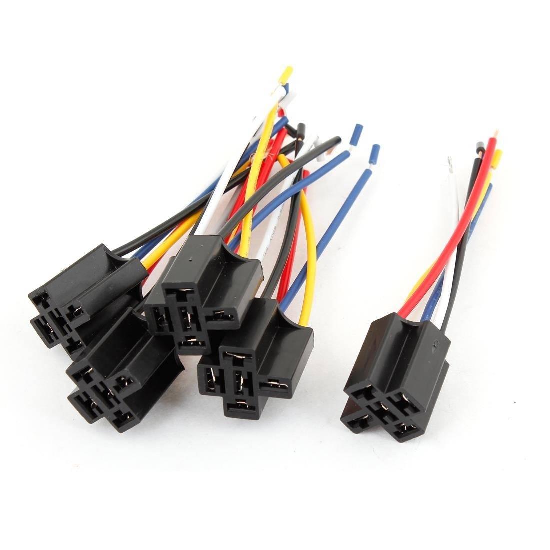 Car Motor Automotive Relay Connector Vehicle Relay Connector Pre Wired 4 Pin Relay Mounting Base Socket Holder - set of black 4-pin relay sockets with multi-coloured pre-wired leads arranged in a group and one separate unit.