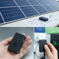 Casing For Inverterzone WiFi Dongle - shown in black rectangular form with a wireless icon, held in hand and placed on a technical diagram near solar panels.