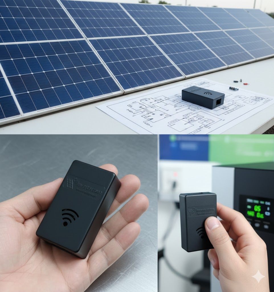 Casing For Inverterzone WiFi Dongle - shown in black rectangular form with a wireless icon, held in hand and placed on a technical diagram near solar panels.