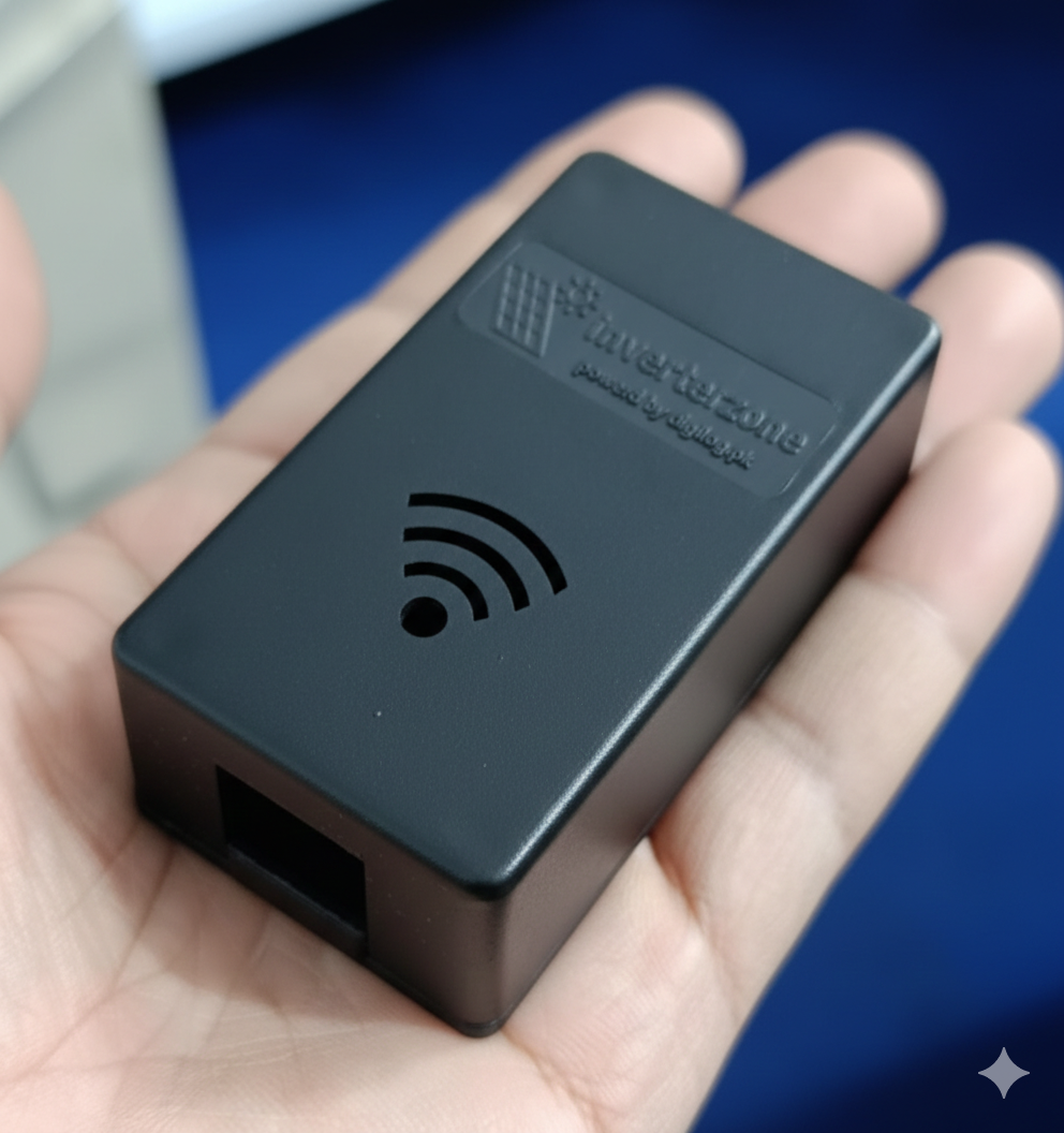 Casing For Inverterzone WiFi Dongle - a black rectangular plastic enclosure with a WiFi icon cutout and an open port, held in a hand.