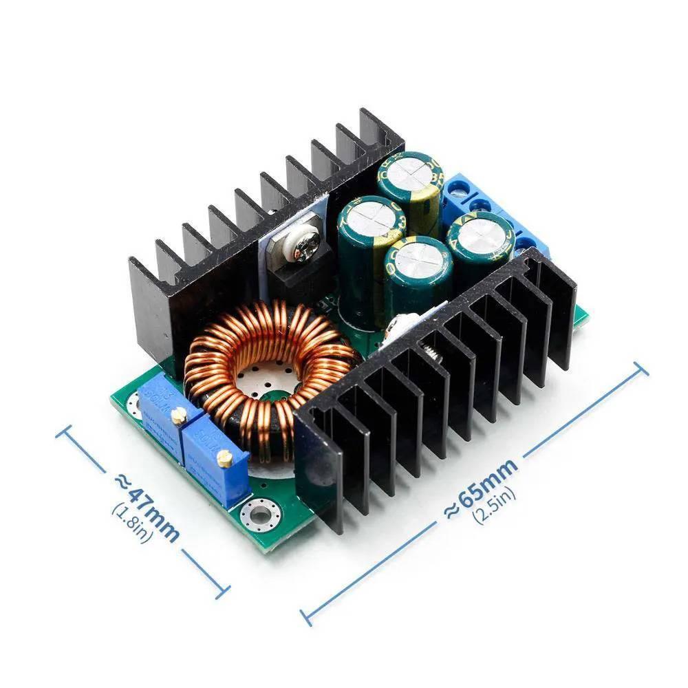 Cc-cv XL4016 9A DC To DC Adjustable Buck Converter - shown with two black heatsinks, a copper inductor, four capacitors, and two blue adjustment potentiometers.