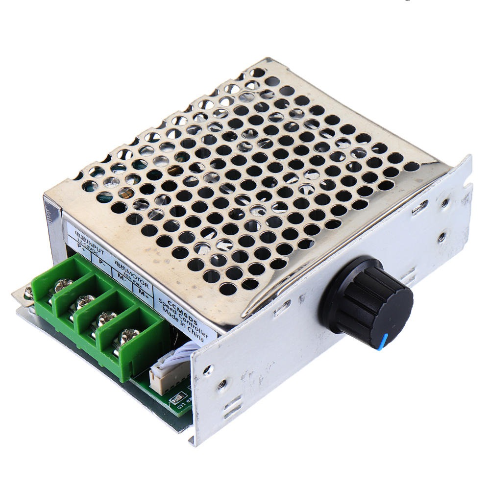 Ccm6ds PWM DC Motor Governor 12V 24V 36V 30A DC Motor Speed Controller - a silver metal box with a black rotary knob, a perforated top cover, and a green four-terminal screw connector block.