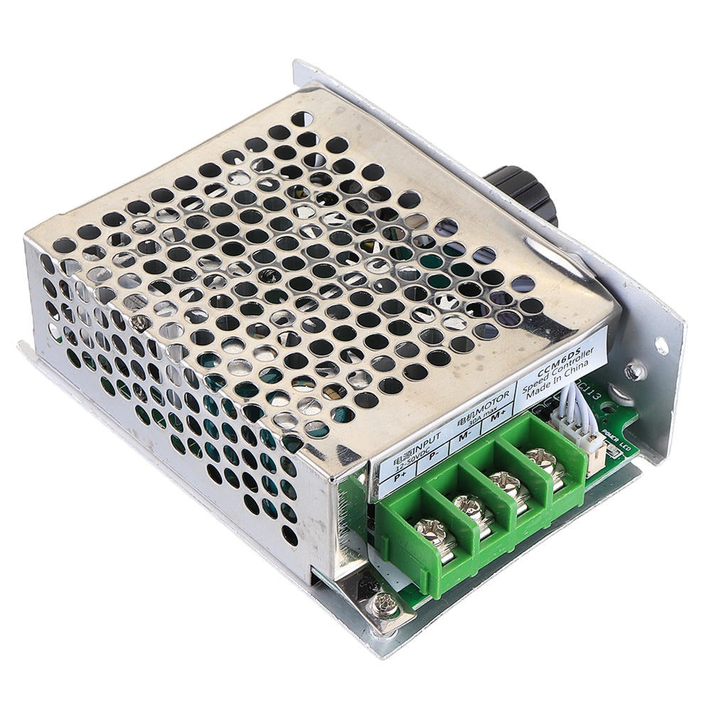 Ccm6ds PWM DC Motor Governor 12V 24V 36V 30A DC Motor Speed Controller - a silver metal-cased unit with a green terminal block, four screw connectors, and a black rotary knob.