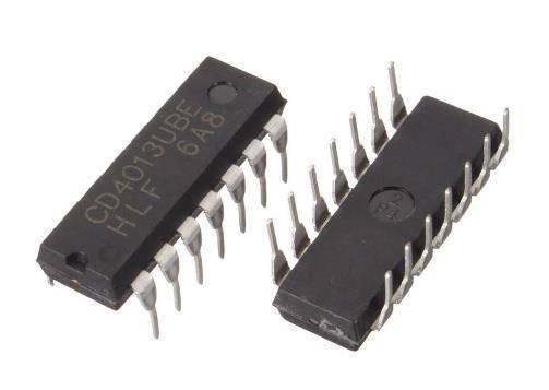 CD4013 d Type Flip Flop - shown as two black 14-pin dual in-line package integrated circuits with silver metal pins against a white background.