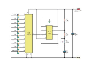 CD4017 IC - circuit diagram showing a yellow IC1 block connected to ten LEDs, a 555 timer IC, resistors, capacitors, and a variable resistor.