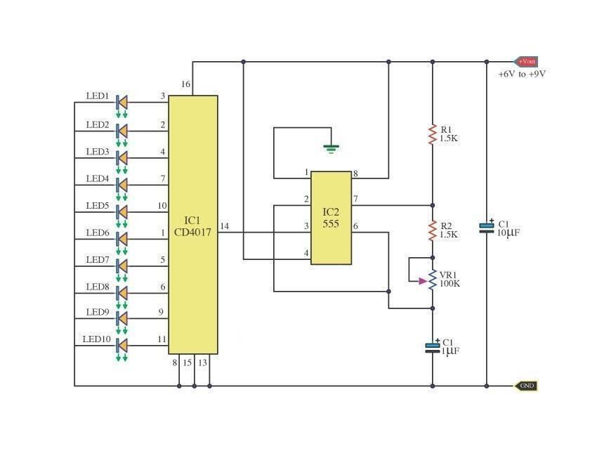 CD4017 IC - circuit diagram showing a yellow IC1 block connected to ten LEDs, a 555 timer IC, resistors, capacitors, and a variable resistor.