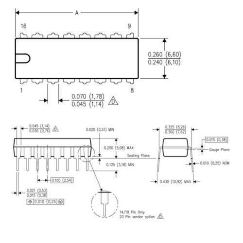 CD4026 4026 Johnson Decade Counter IC - technical dimension diagram showing the top, side, and end views of the 16-pin integrated circuit package.