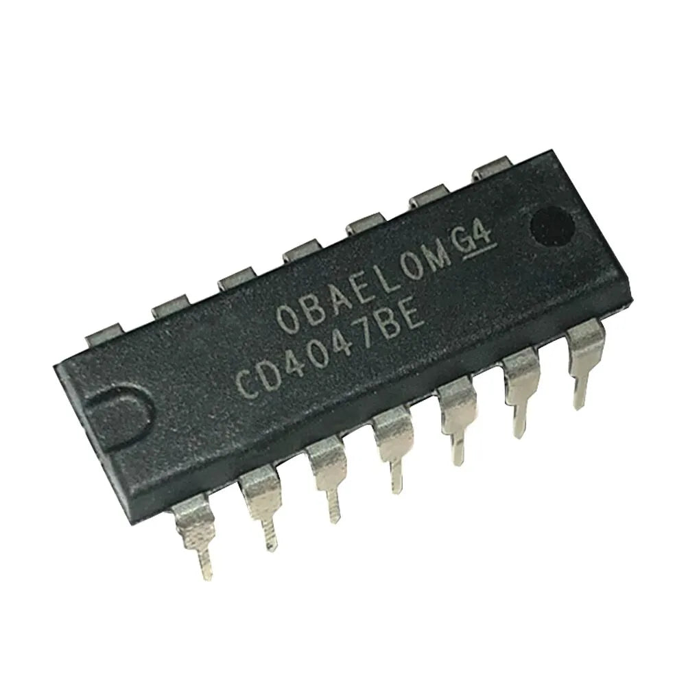 CD4047 CD4047BM CD4047BC Low Power Monostable Astable Multivibrator IC - CD4047BE IC, a black 14-pin dual in-line package integrated circuit with silver metal pins, shown from an angled perspective against a white background.