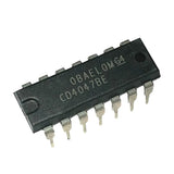 CD4047 CD4047BM CD4047BC Low Power Monostable Astable Multivibrator IC - CD4047BE IC, a black 14-pin dual in-line package integrated circuit with silver metal pins, shown from an angled perspective against a white background.