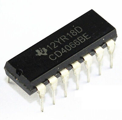 CD4066 Quad Bilateral Switch – Multiplexer - a black 14-pin integrated circuit chip with silver metal legs, shown from an angled top-down perspective.